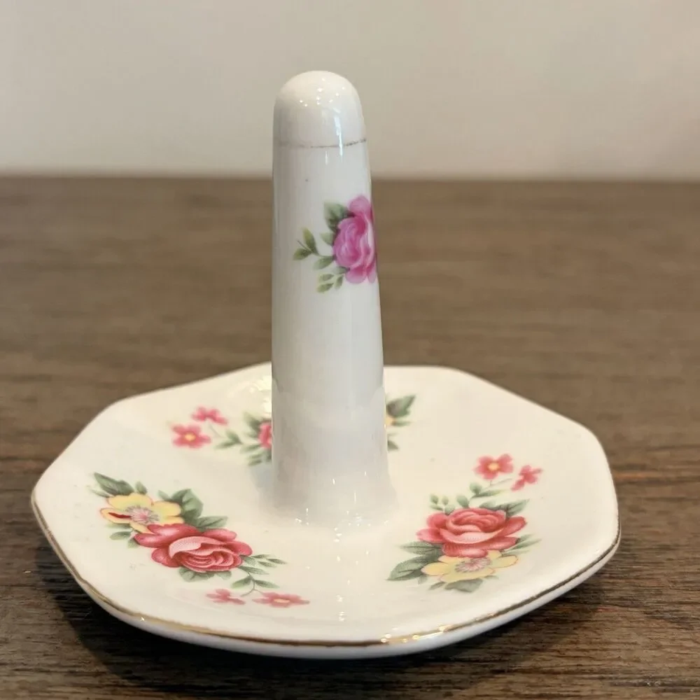 Vintage Porcelain Pink & Yellow Floral Ring Jewelry Holder Gold Trim 3” Tall
